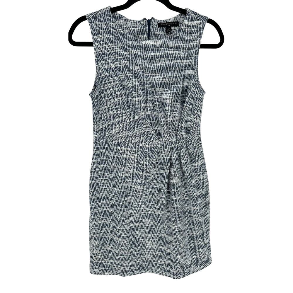 Banana Republic Knit Tweed Dress Blue White Sleeveless Ruched Sheath Petite 6 P6